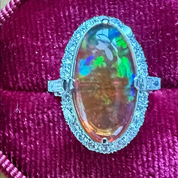 Fire Opal Halo Cocktail Ring. Platinum, size 7 - Picture 3 of 7